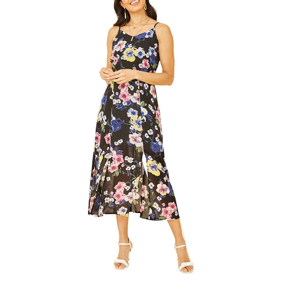 Black - Yumi - Women's Black Floral Strappy Midi Wrap Dress - 2