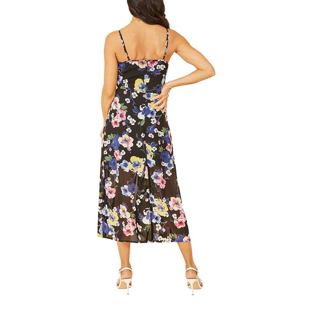 Black - Yumi - Women's Black Floral Strappy Midi Wrap Dress - 4