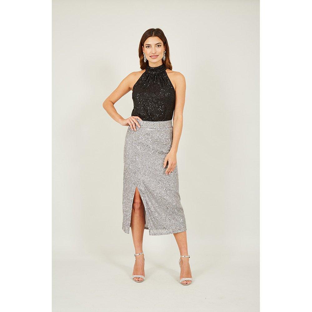 Silver - Yumi - Women's Silver Sequin Fitted Midi Skirt - 2