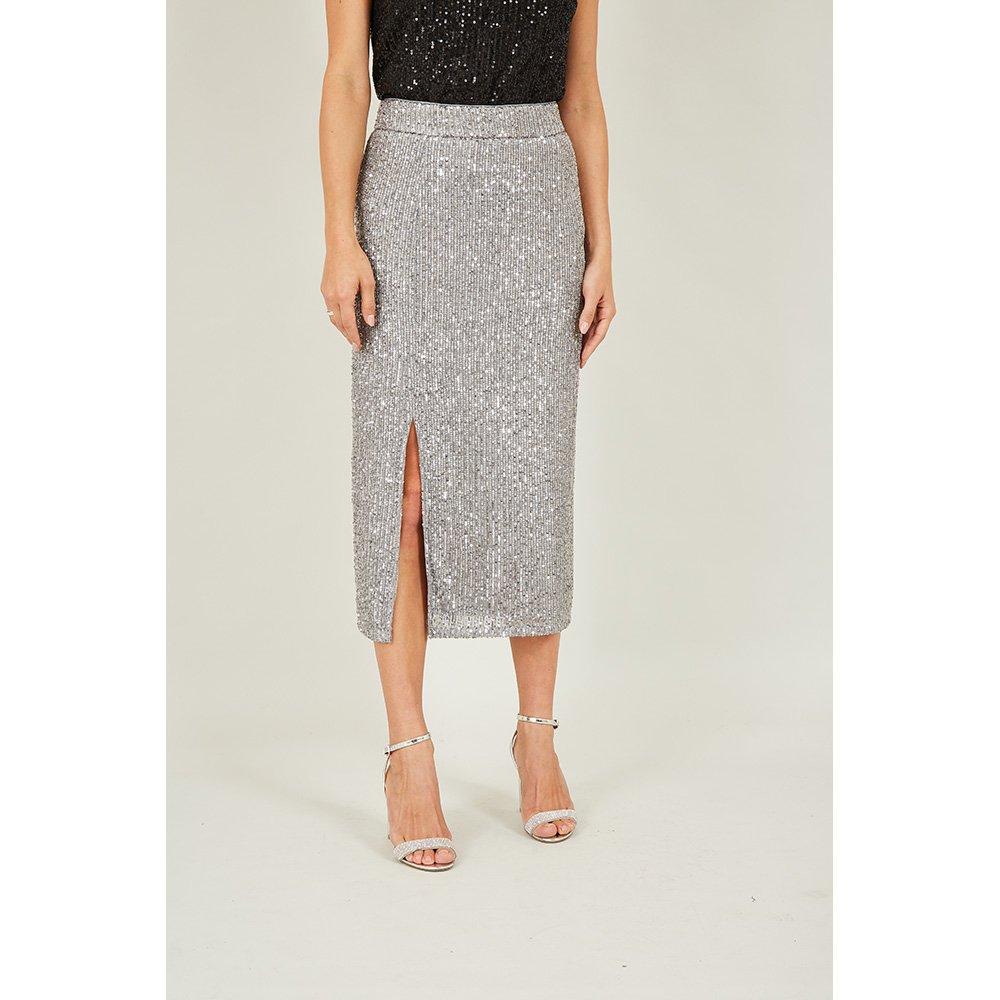 Silver - Yumi - Women's Silver Sequin Fitted Midi Skirt - 3