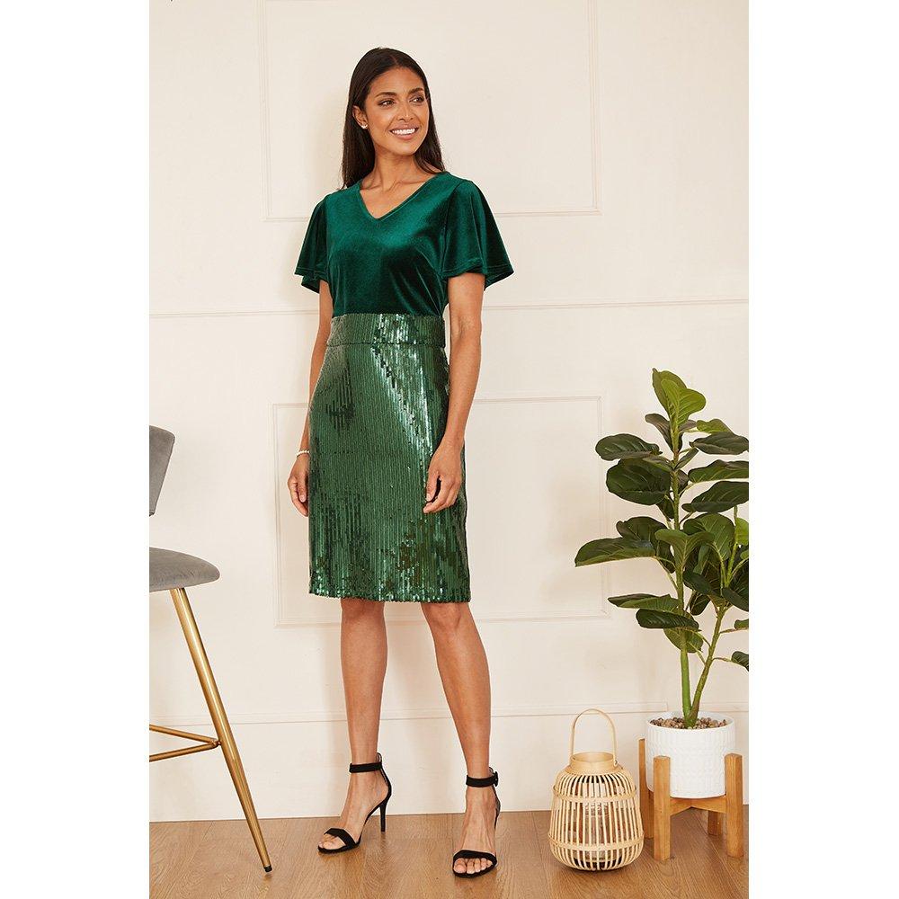 Green - Yumi - Women's Green Velvet and Sequin Bodycon Dress - 2