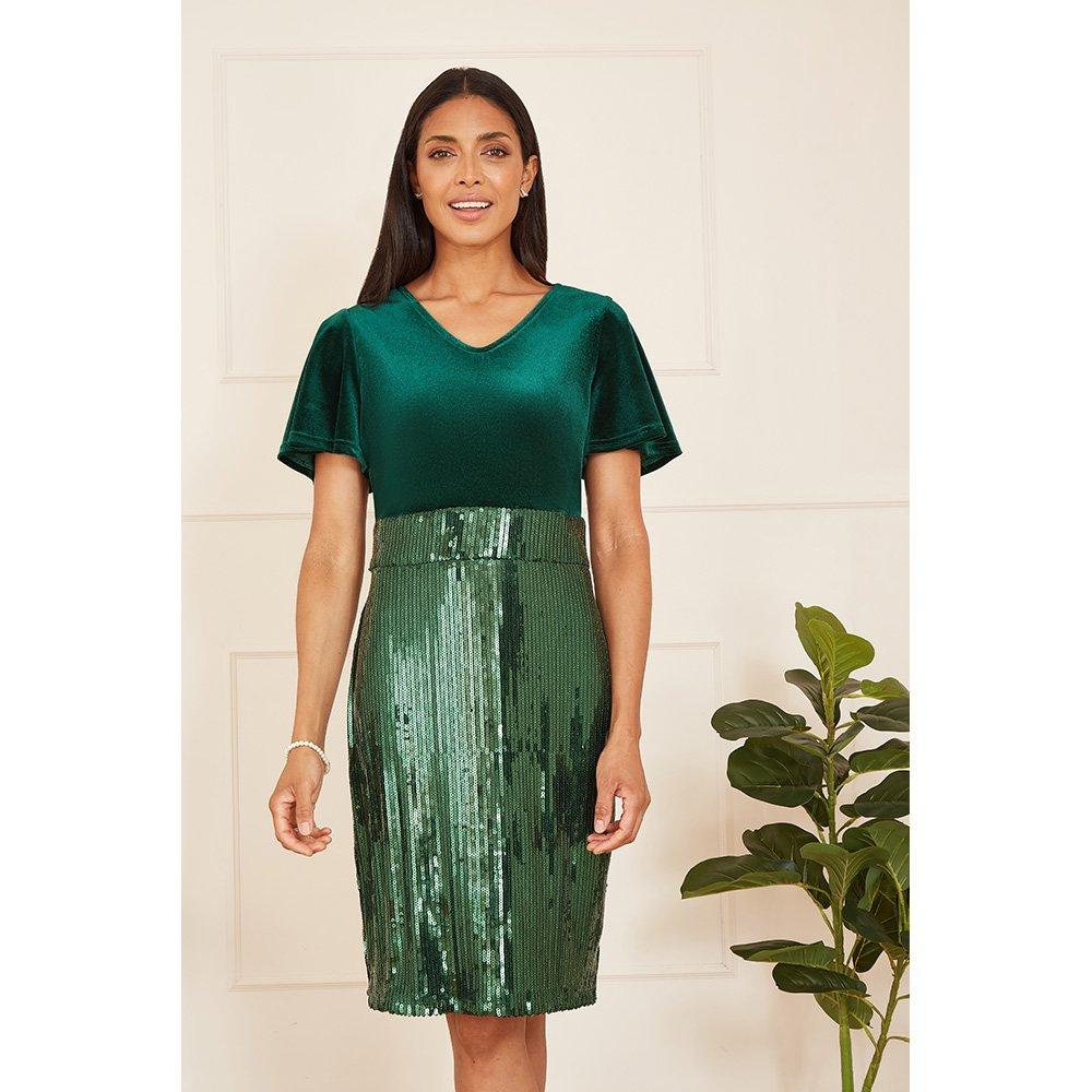 Green - Yumi - Women's Green Velvet and Sequin Bodycon Dress - 3