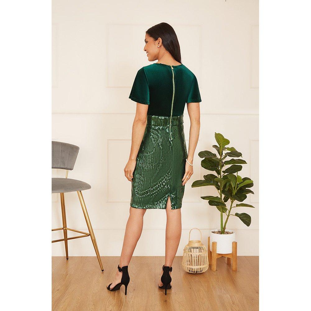 Green - Yumi - Women's Green Velvet and Sequin Bodycon Dress - 4
