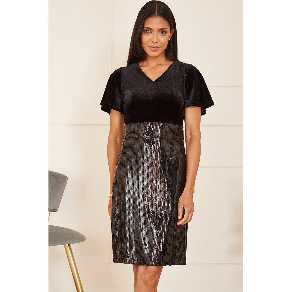 Black - Yumi - Women's Black Velvet and Sequin Fitted Bodycon Dress - 3
