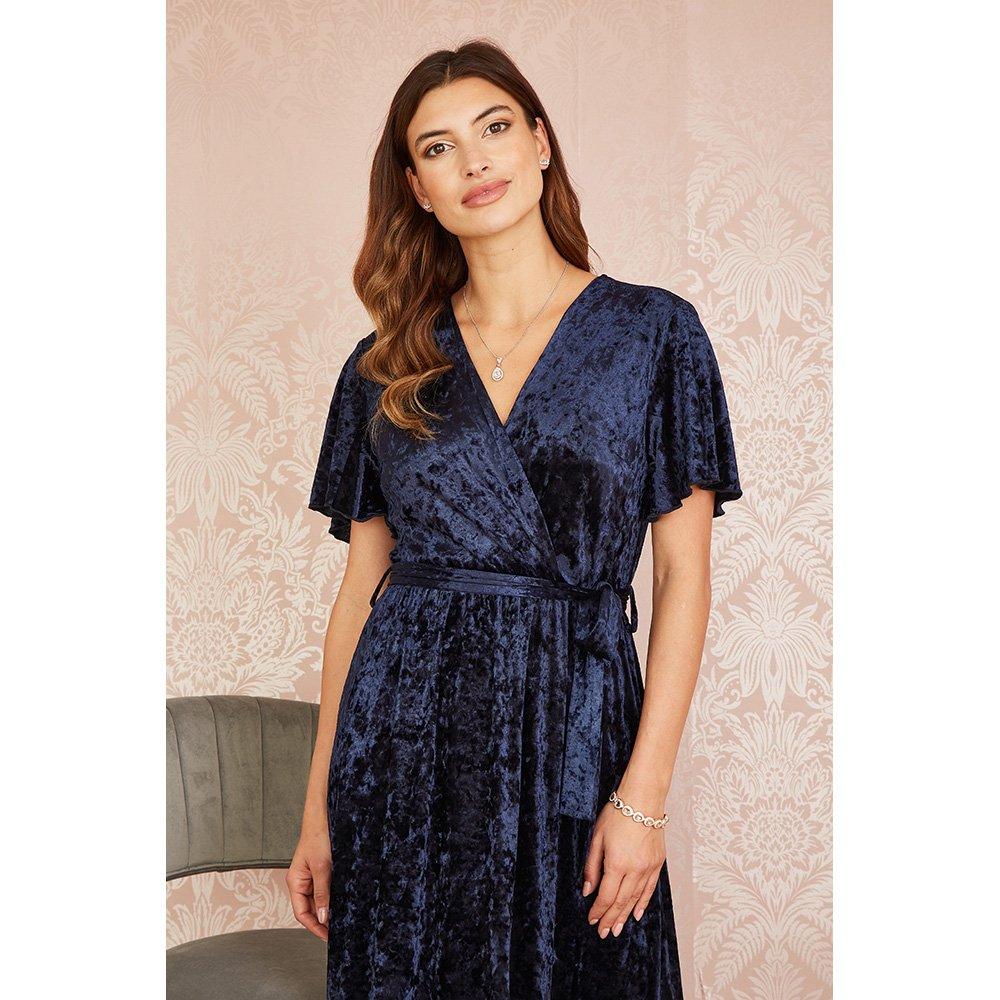 Navy - Yumi - Women's Navy Velvet Midi Wrap Dress - 3