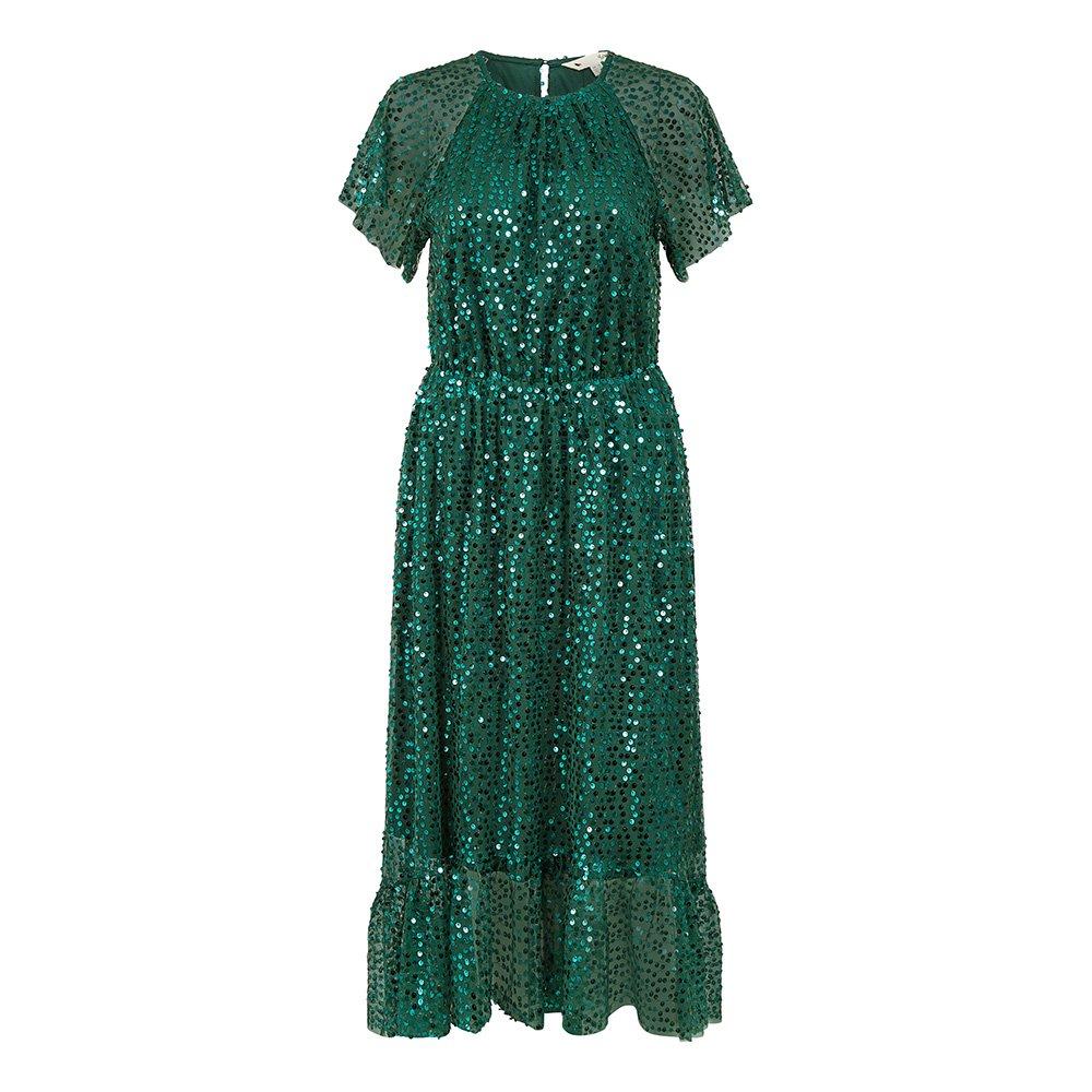 Green - Yumi - Women's Green Sequin Angel Sleeve Midi Smock Dress - 1