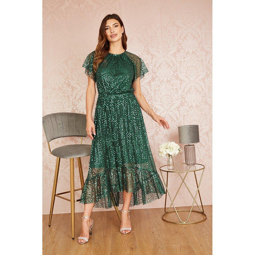 Green - Yumi - Women's Green Sequin Angel Sleeve Midi Smock Dress - 2