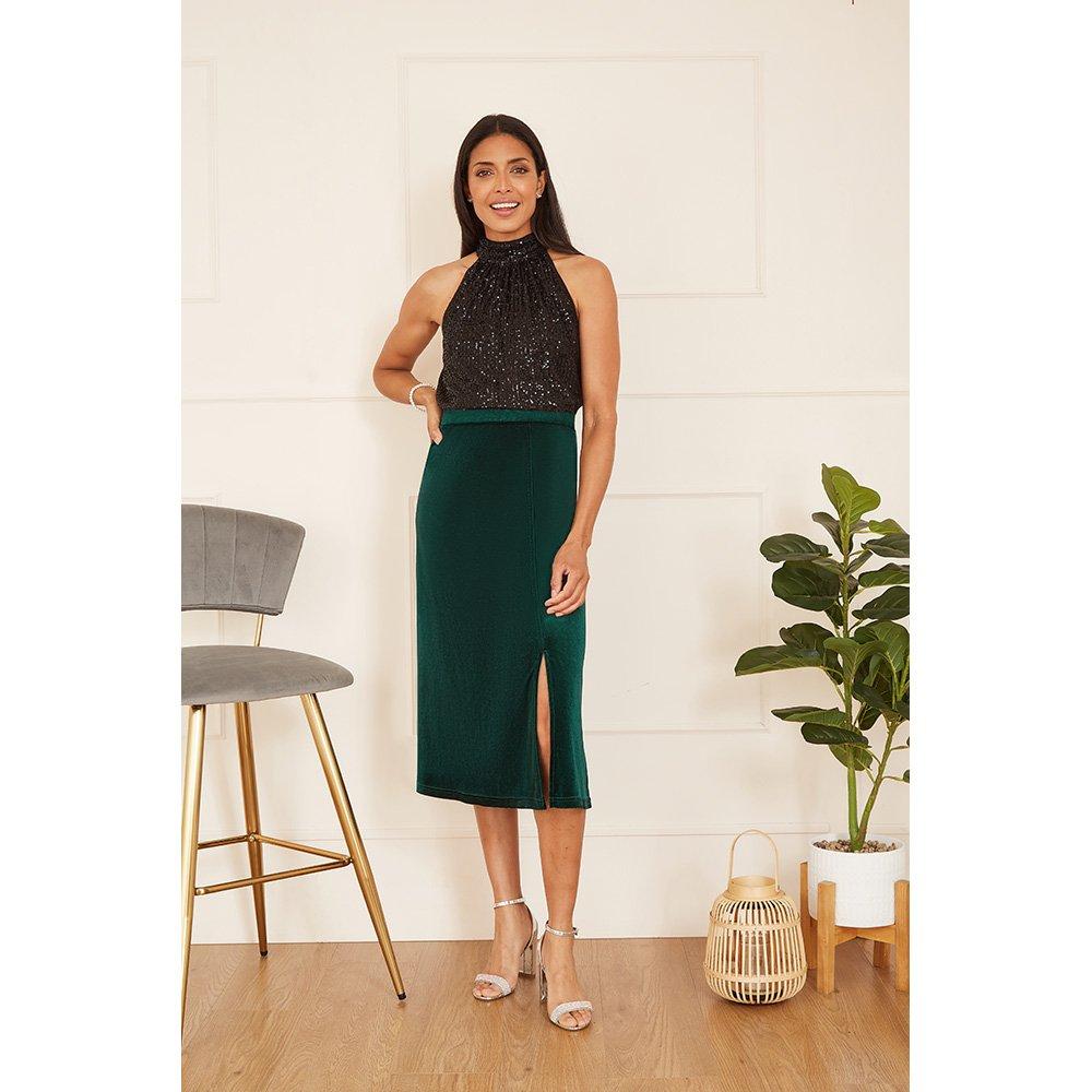Green - Yumi - Women's Green Velvet Front Slit Midi Skirt - 2