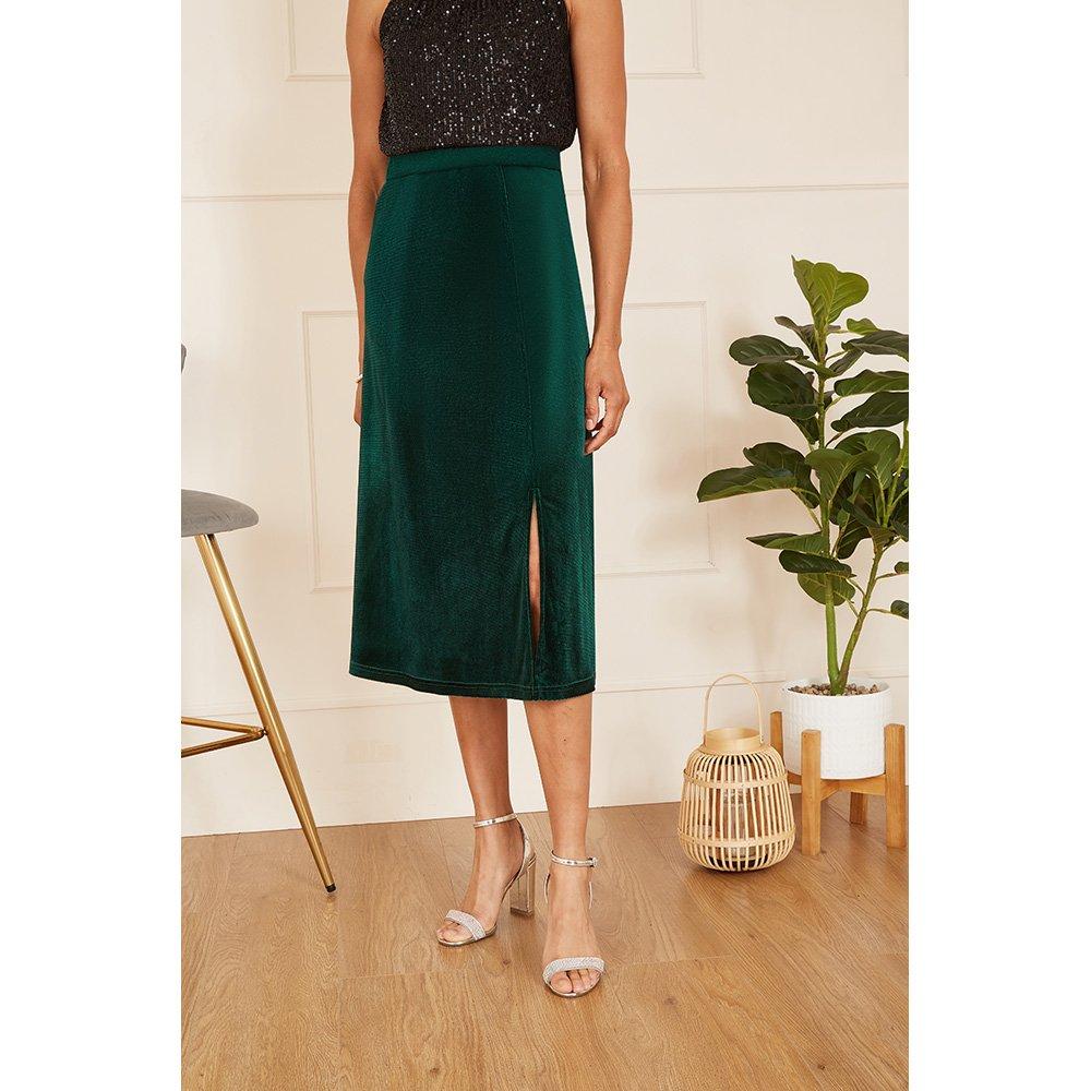 Green - Yumi - Women's Green Velvet Front Slit Midi Skirt - 3