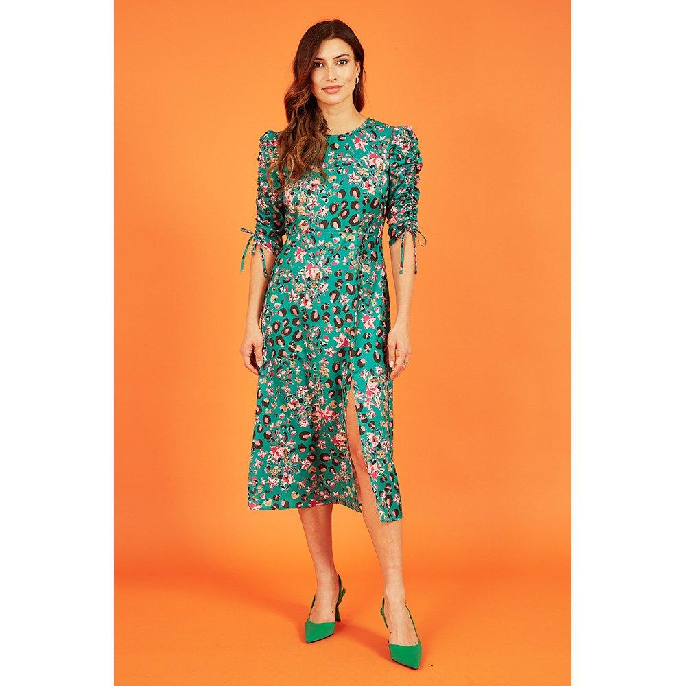 Green - Yumi - Women's Green Animal Floral Print Midi Smock Dress - 2