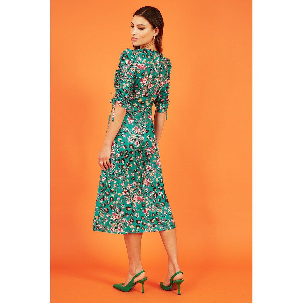 Green - Yumi - Women's Green Animal Floral Print Midi Smock Dress - 4