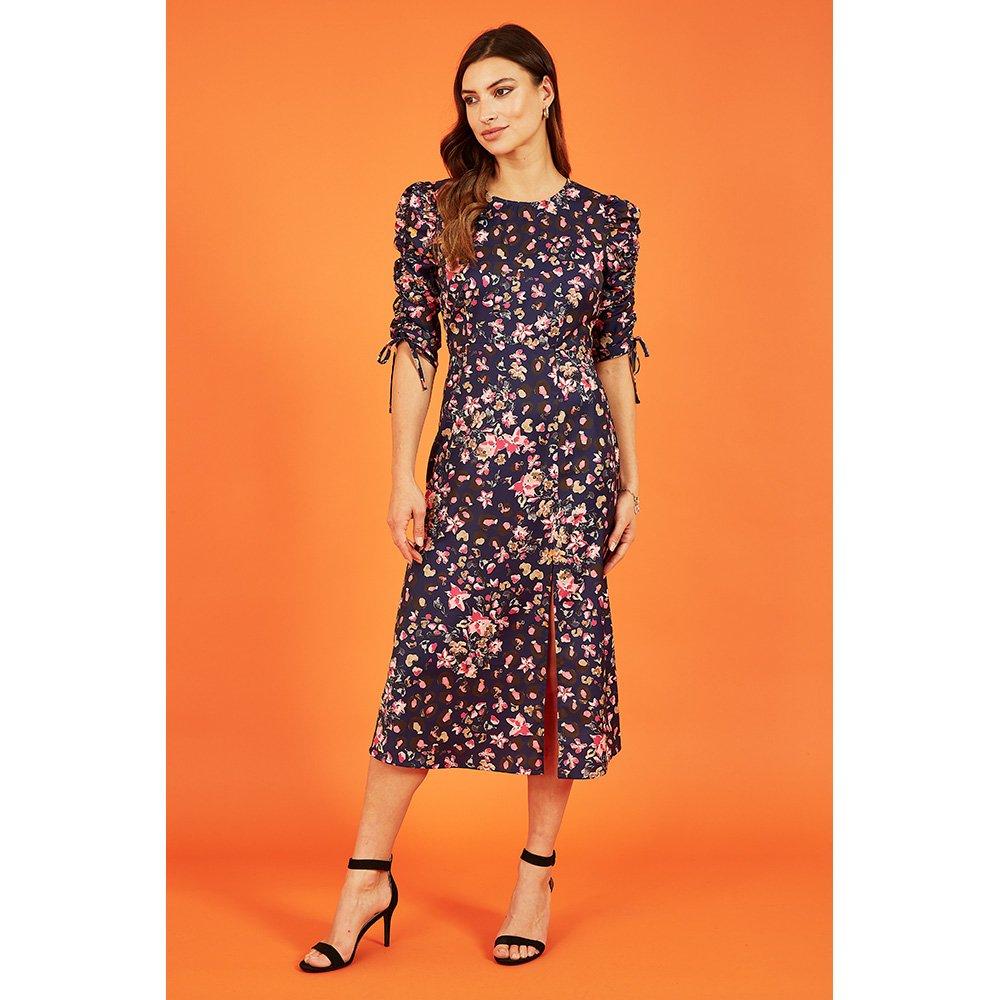 Navy - Yumi - Women's Navy Animal Floral Print Midi Smock Dress - 2