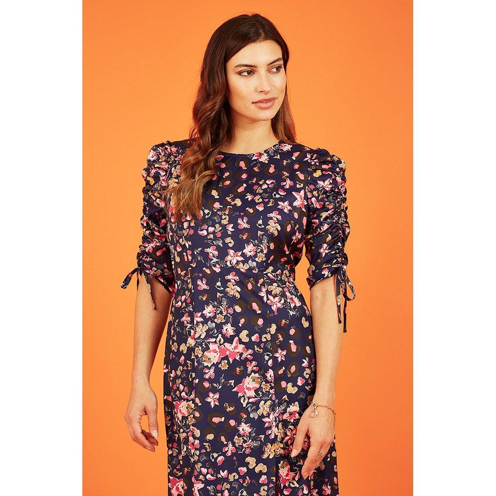 Navy - Yumi - Women's Navy Animal Floral Print Midi Smock Dress - 3