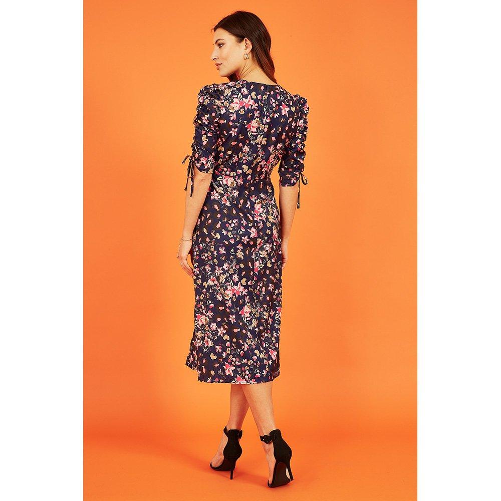 Navy - Yumi - Women's Navy Animal Floral Print Midi Smock Dress - 4