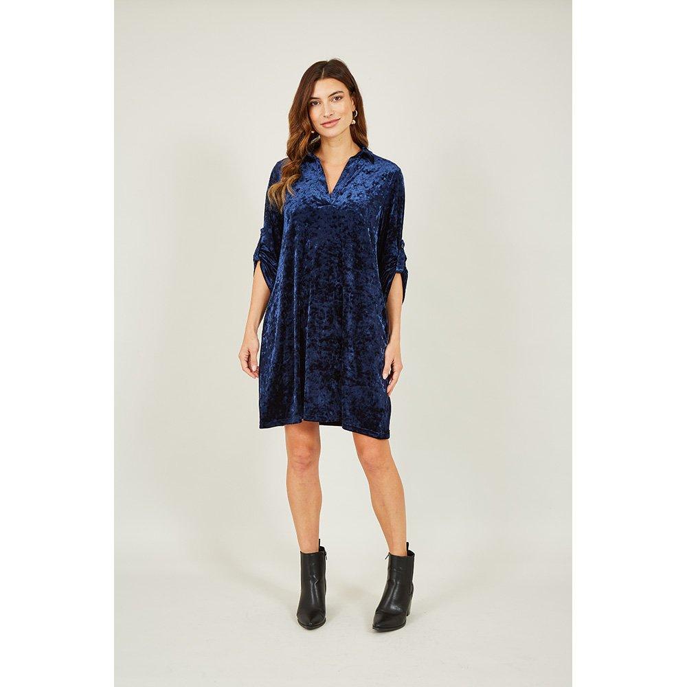 Navy - Yumi - Women's Navy Velvet three quarter Sleeve Tunic - 2