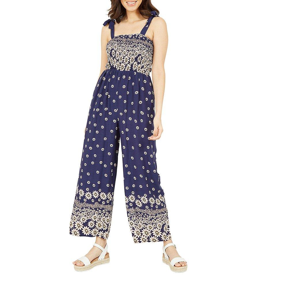 Navy - Mela London - Women's Navy Daisy Border Shirred Tie Jumpsuits - 2