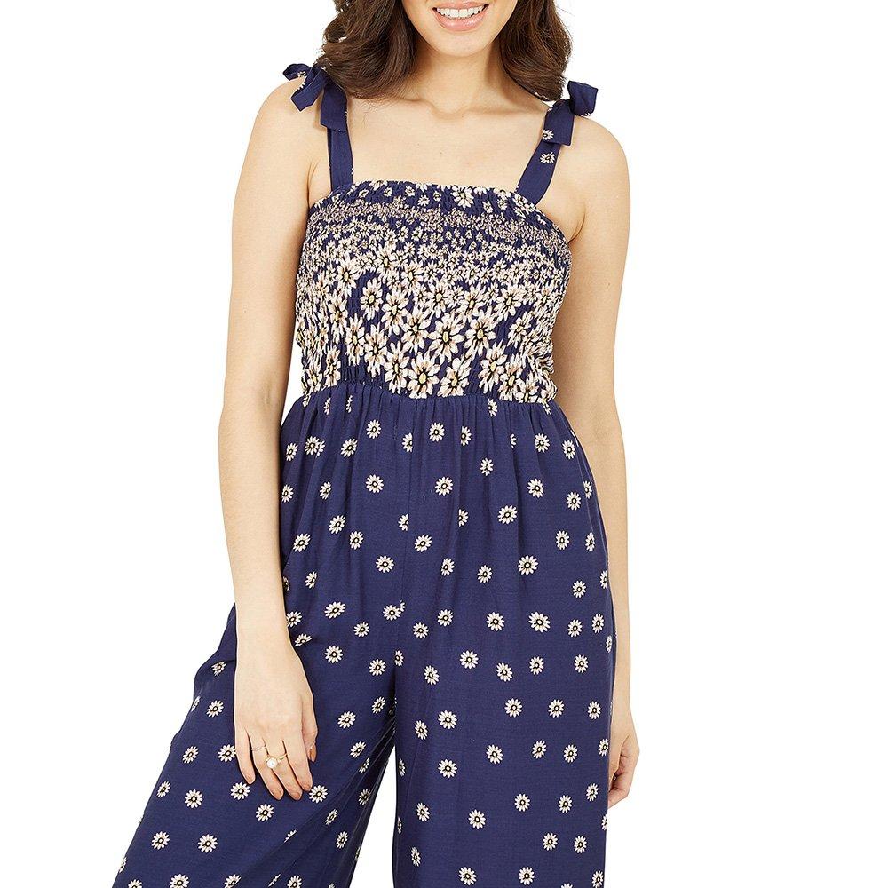 Navy - Mela London - Women's Navy Daisy Border Shirred Tie Jumpsuits - 3