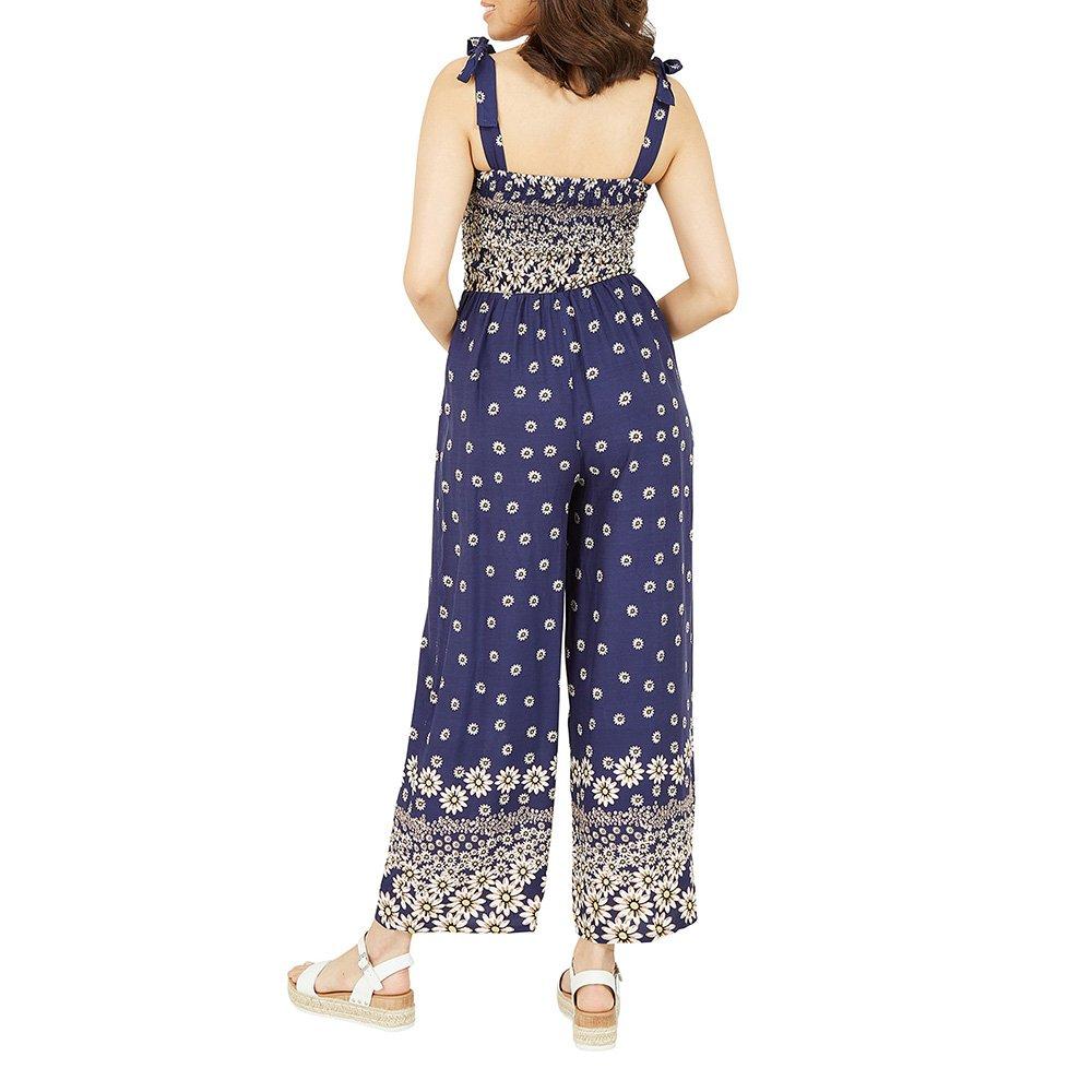 Navy - Mela London - Women's Navy Daisy Border Shirred Tie Jumpsuits - 4