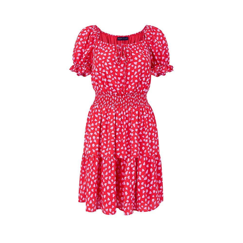 Red - Mela London - Women's Red Heart Printed Bardot Skater Dress - 1