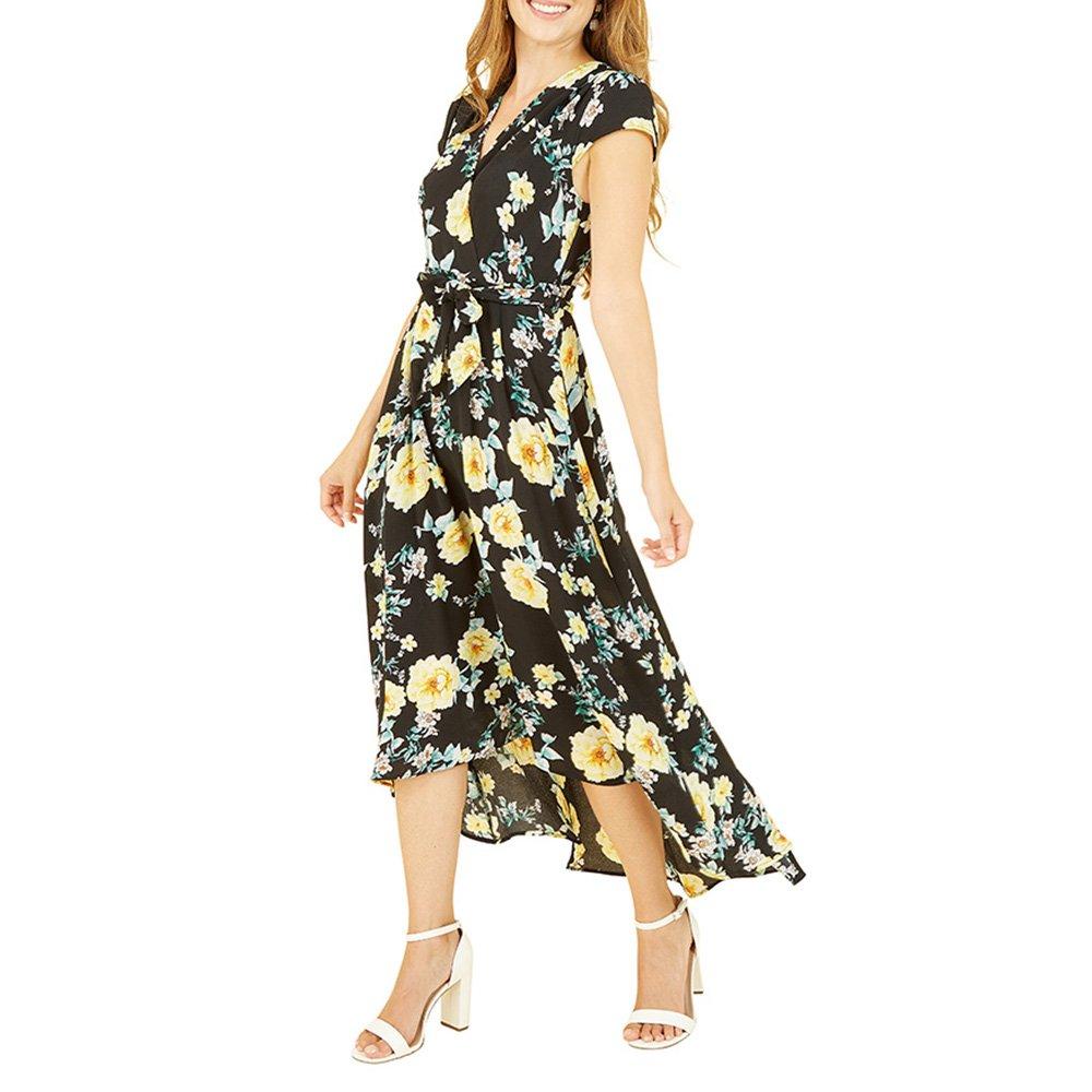 Black - Mela London - Women's Black Floral Dipped Hem Midi Wrap Dress - 2