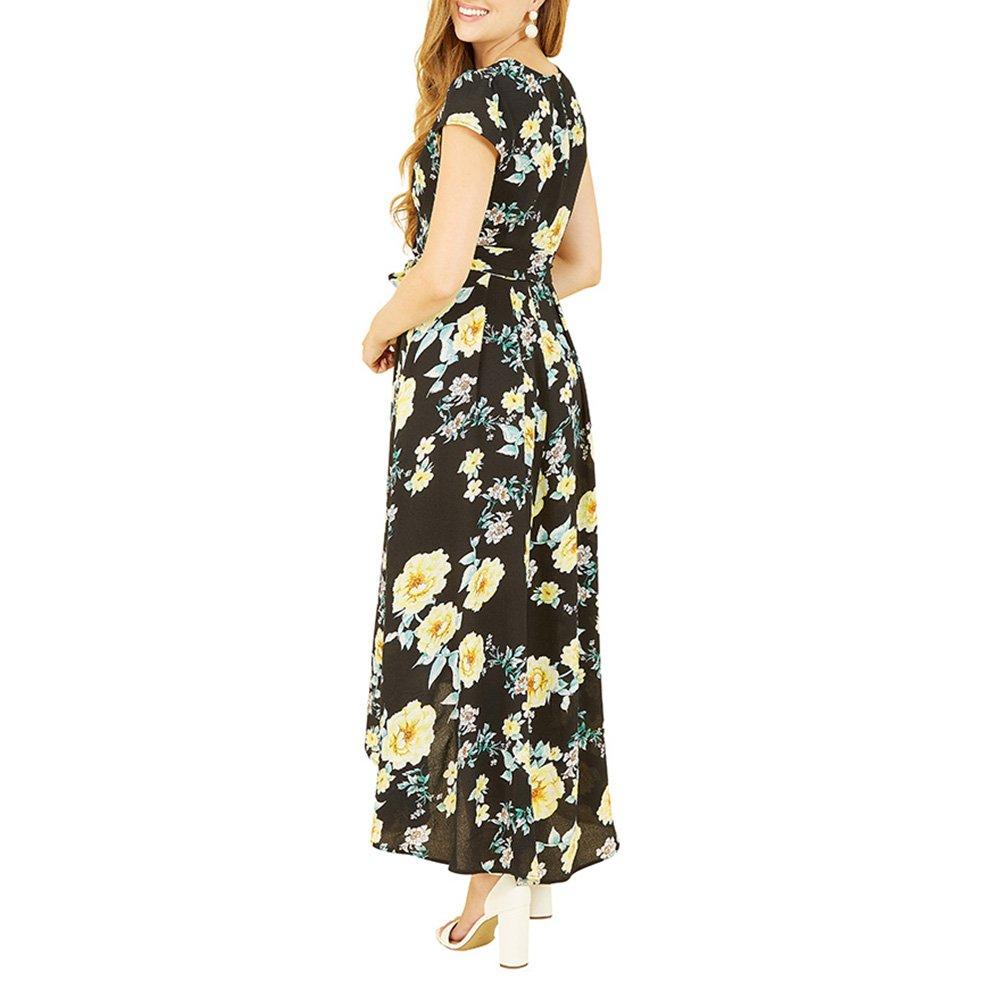 Black - Mela London - Women's Black Floral Dipped Hem Midi Wrap Dress - 4