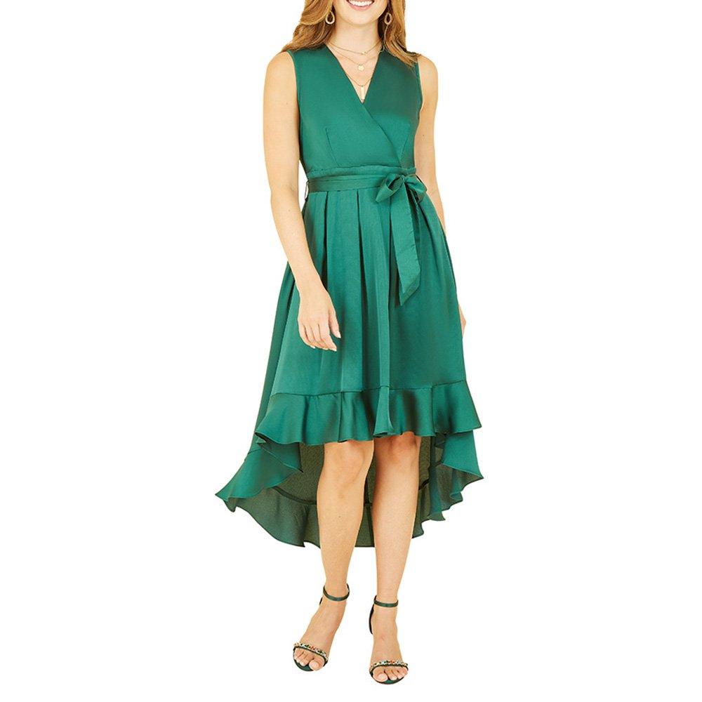 Green - Mela London - Women's Green Satin Dipped Hem Midi Wrap Dress - 2