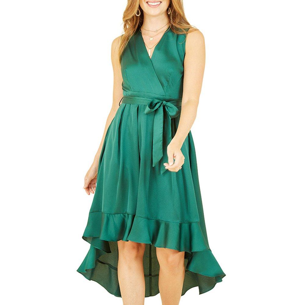Green - Mela London - Women's Green Satin Dipped Hem Midi Wrap Dress - 3