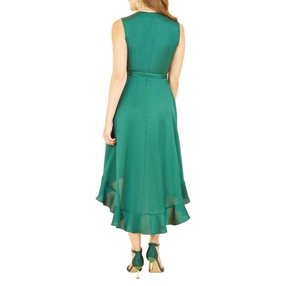 Green - Mela London - Women's Green Satin Dipped Hem Midi Wrap Dress - 4