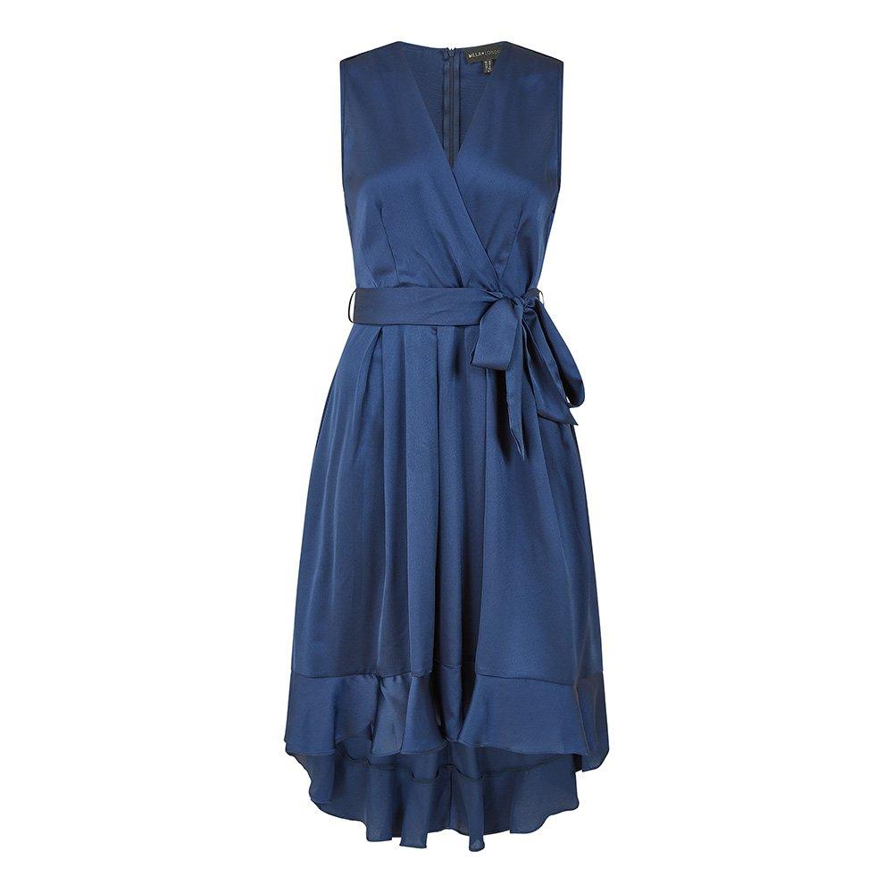 Mela London Women's Green Satin Dipped Hem Midi Wrap Dress - Navy - 6 (2XS)