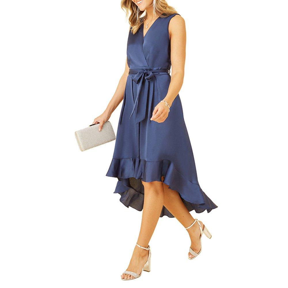 Navy - Mela London - Women's Green Satin Dipped Hem Midi Wrap Dress - 2