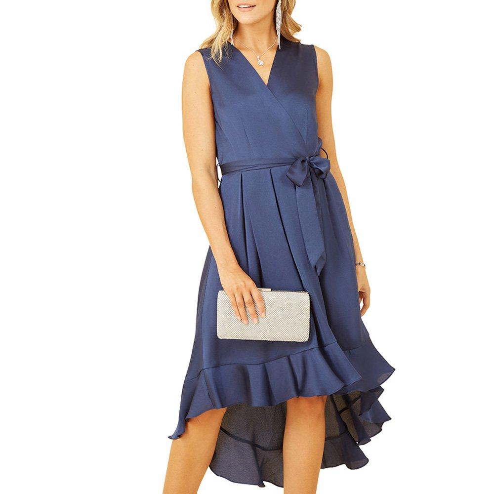 Navy - Mela London - Women's Green Satin Dipped Hem Midi Wrap Dress - 3