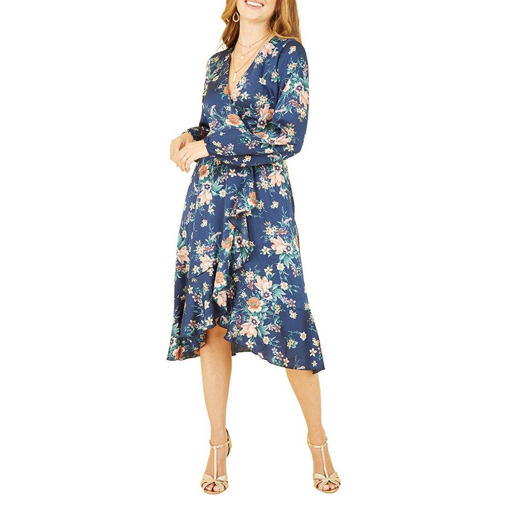 Navy - Mela London - Women's Navy Floral Print Satin Wrap Dress - 2