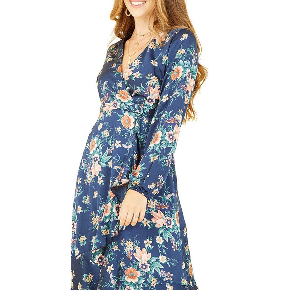 Navy - Mela London - Women's Navy Floral Print Satin Wrap Dress - 3