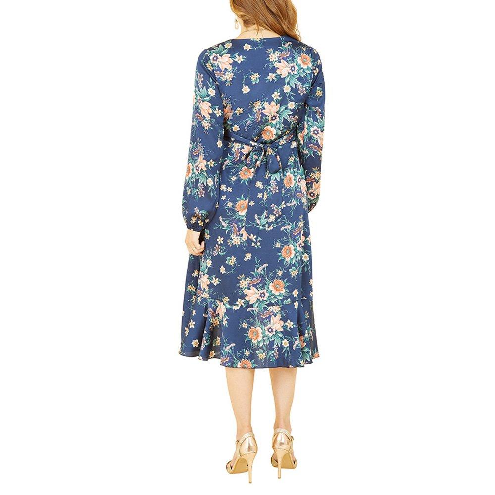 Navy - Mela London - Women's Navy Floral Print Satin Wrap Dress - 4