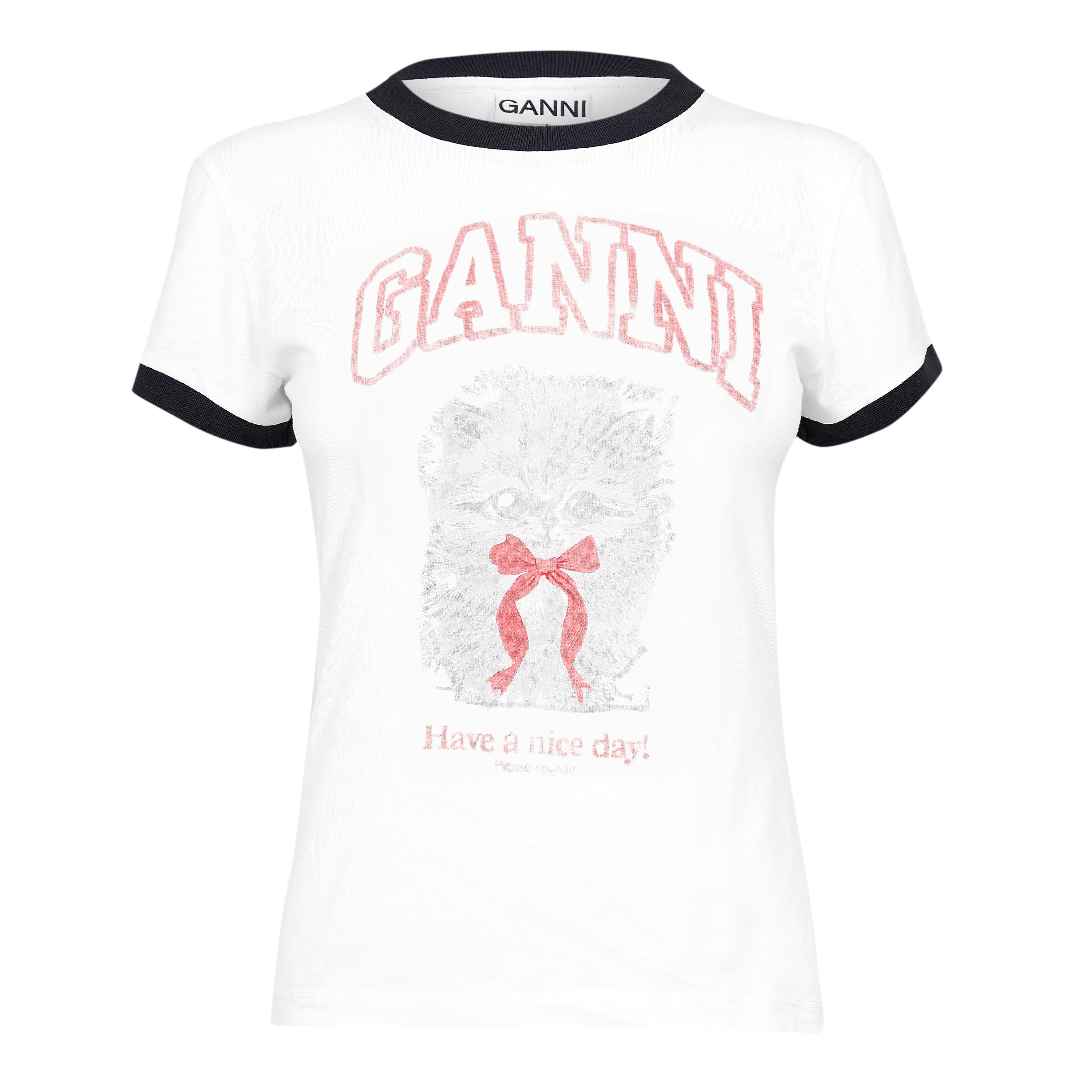 Ganni Women's Kitty Print Baby Tee - Bright White - Size 8 (34)