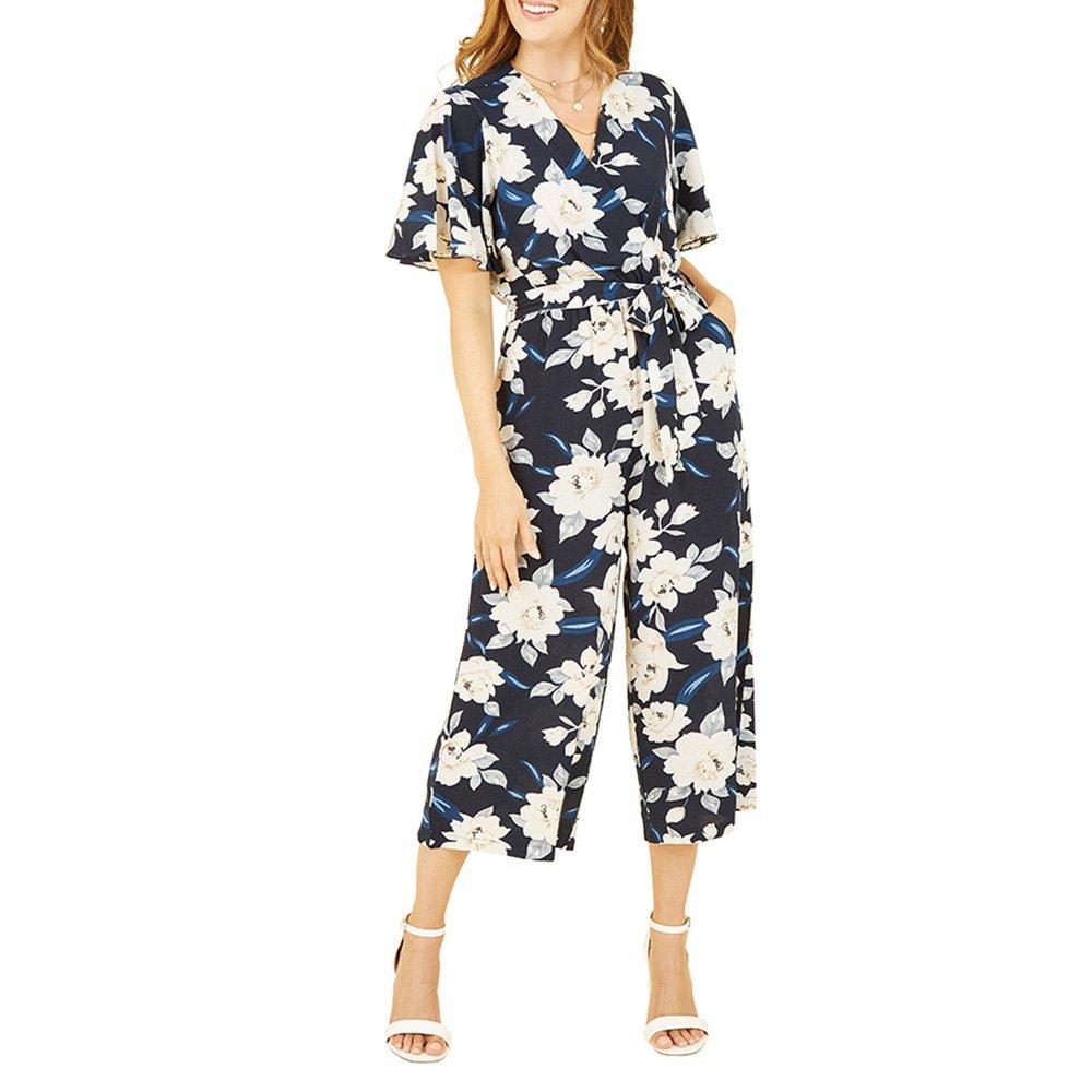 Navy - Mela London - Women's Navy Floral Angel Sleeve Jumpsuit - 2