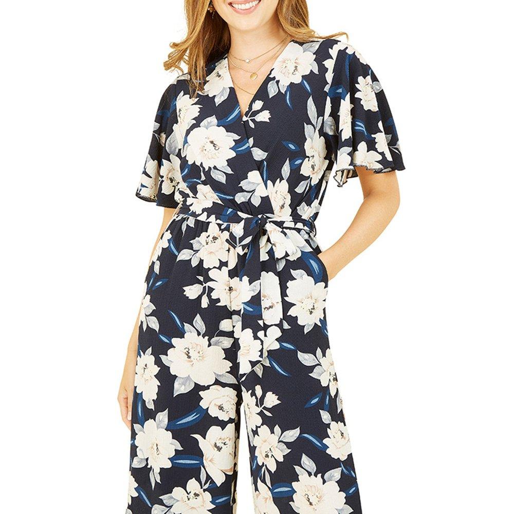 Navy - Mela London - Women's Navy Floral Angel Sleeve Jumpsuit - 3