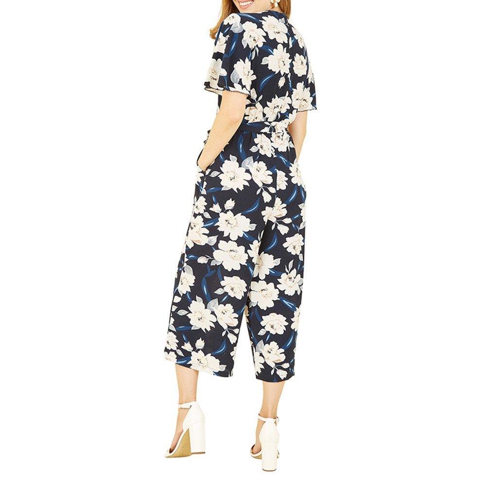 Navy - Mela London - Women's Navy Floral Angel Sleeve Jumpsuit - 4