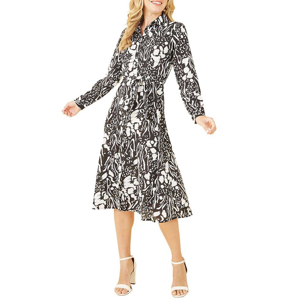 Black - Mela London - Women's Black Animal Print Midi Shirt Dress - 2