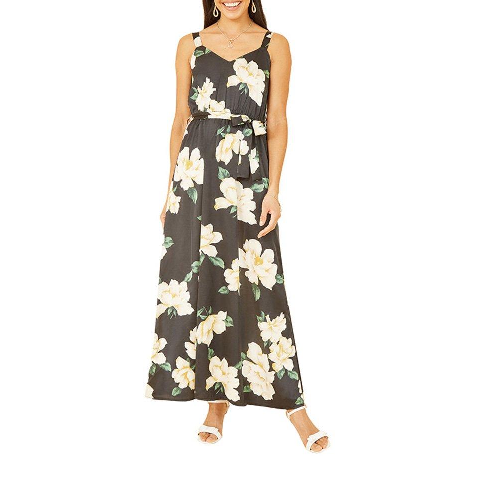Black - Mela London - Women's Black Satin Floral Print Maxi Dress - 2