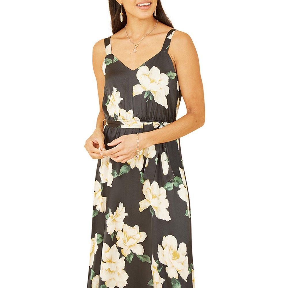 Black - Mela London - Women's Black Satin Floral Print Maxi Dress - 3