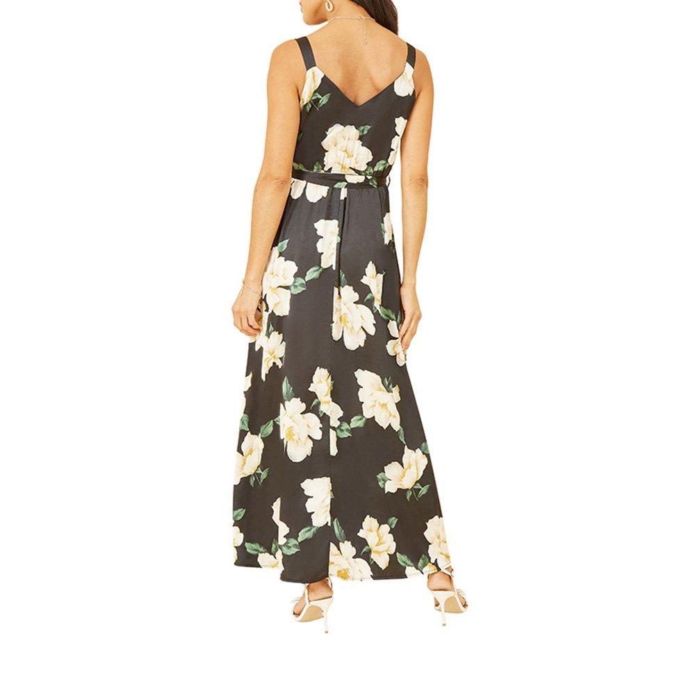 Black - Mela London - Women's Black Satin Floral Print Maxi Dress - 4