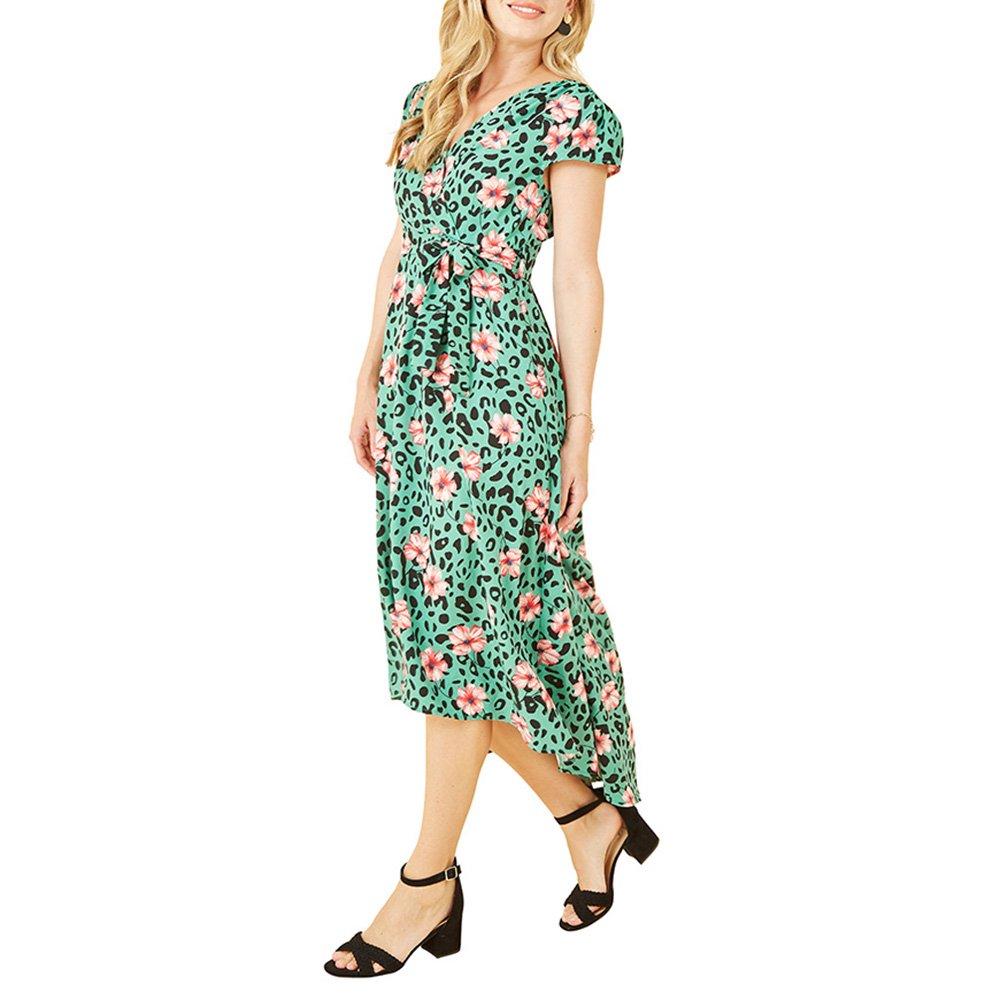 Green - Mela London - Women's Green Animal Print Dipped Hem Wrap Dress - 2