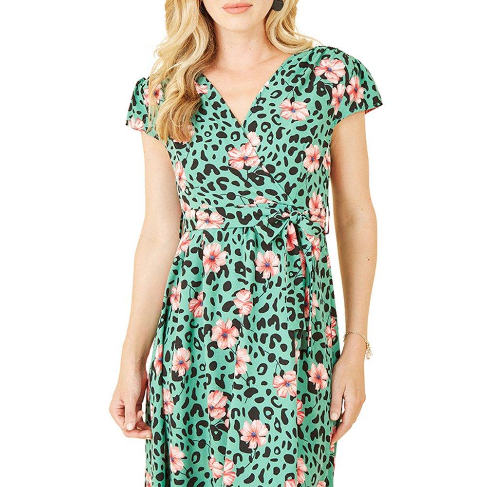 Green - Mela London - Women's Green Animal Print Dipped Hem Wrap Dress - 3