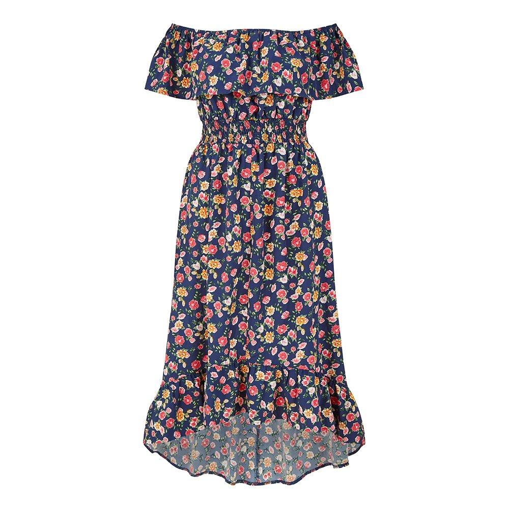 Navy - Mela London - Women's Navy Bardot Floral High Low Maxi Dress - 1