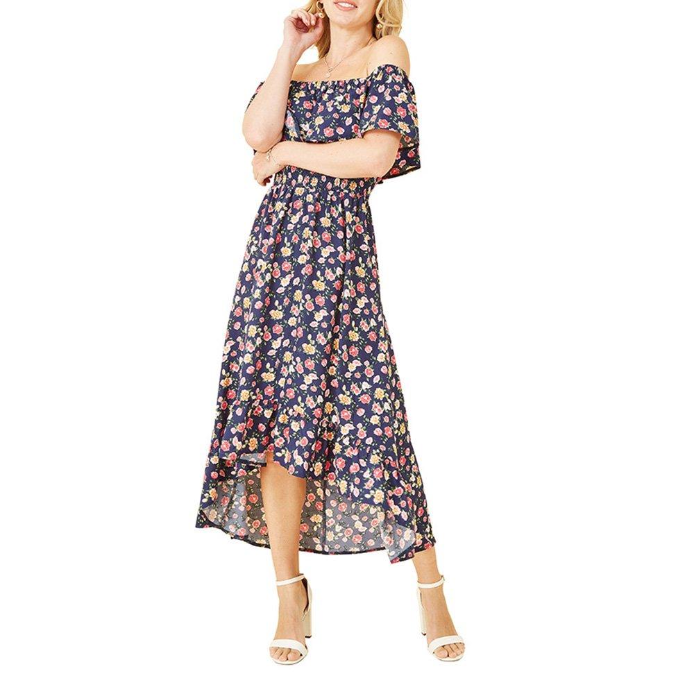 Navy - Mela London - Women's Navy Bardot Floral High Low Maxi Dress - 2
