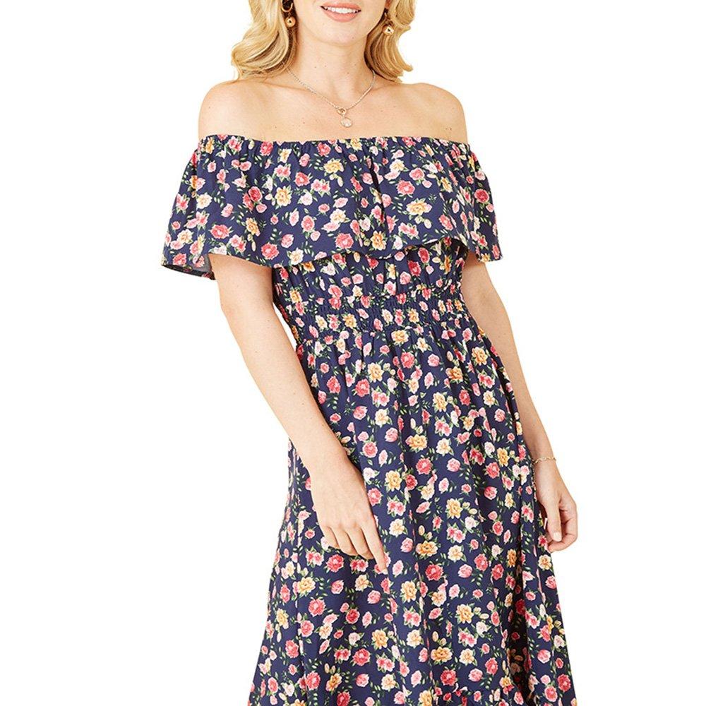 Navy - Mela London - Women's Navy Bardot Floral High Low Maxi Dress - 3