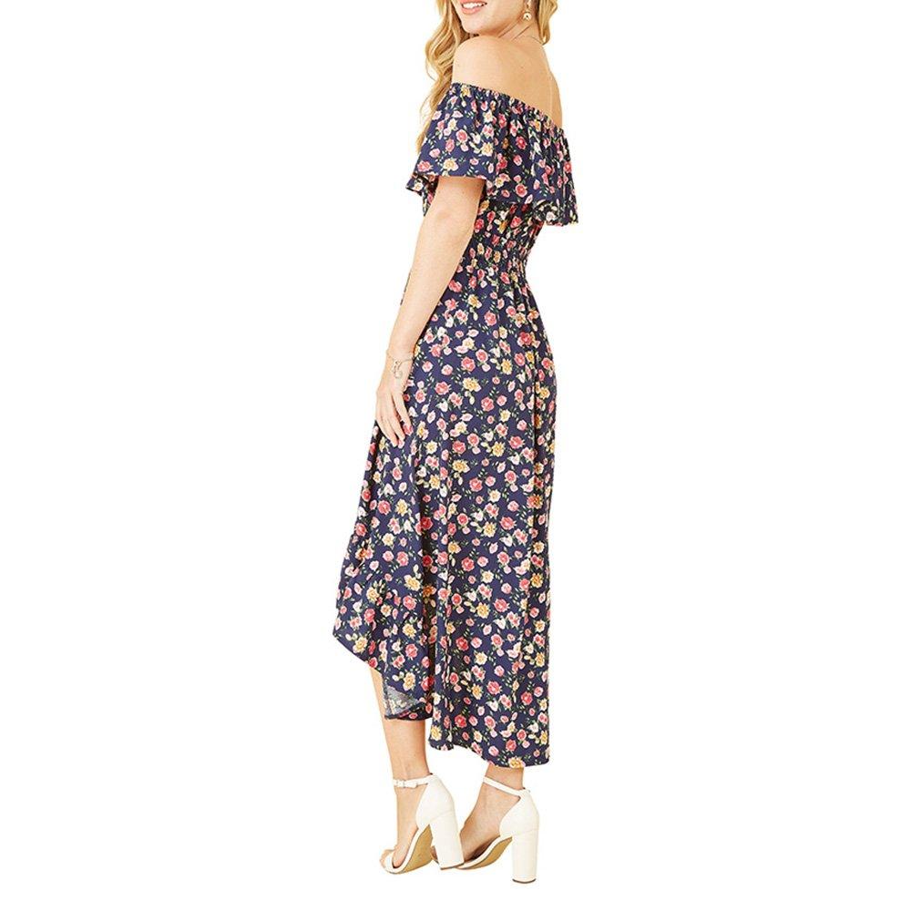 Navy - Mela London - Women's Navy Bardot Floral High Low Maxi Dress - 4