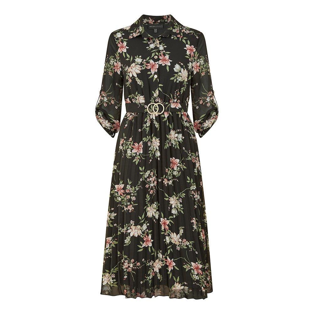 Black - Mela London - Women's Black Floral Print Midi Wrap Dress - 1