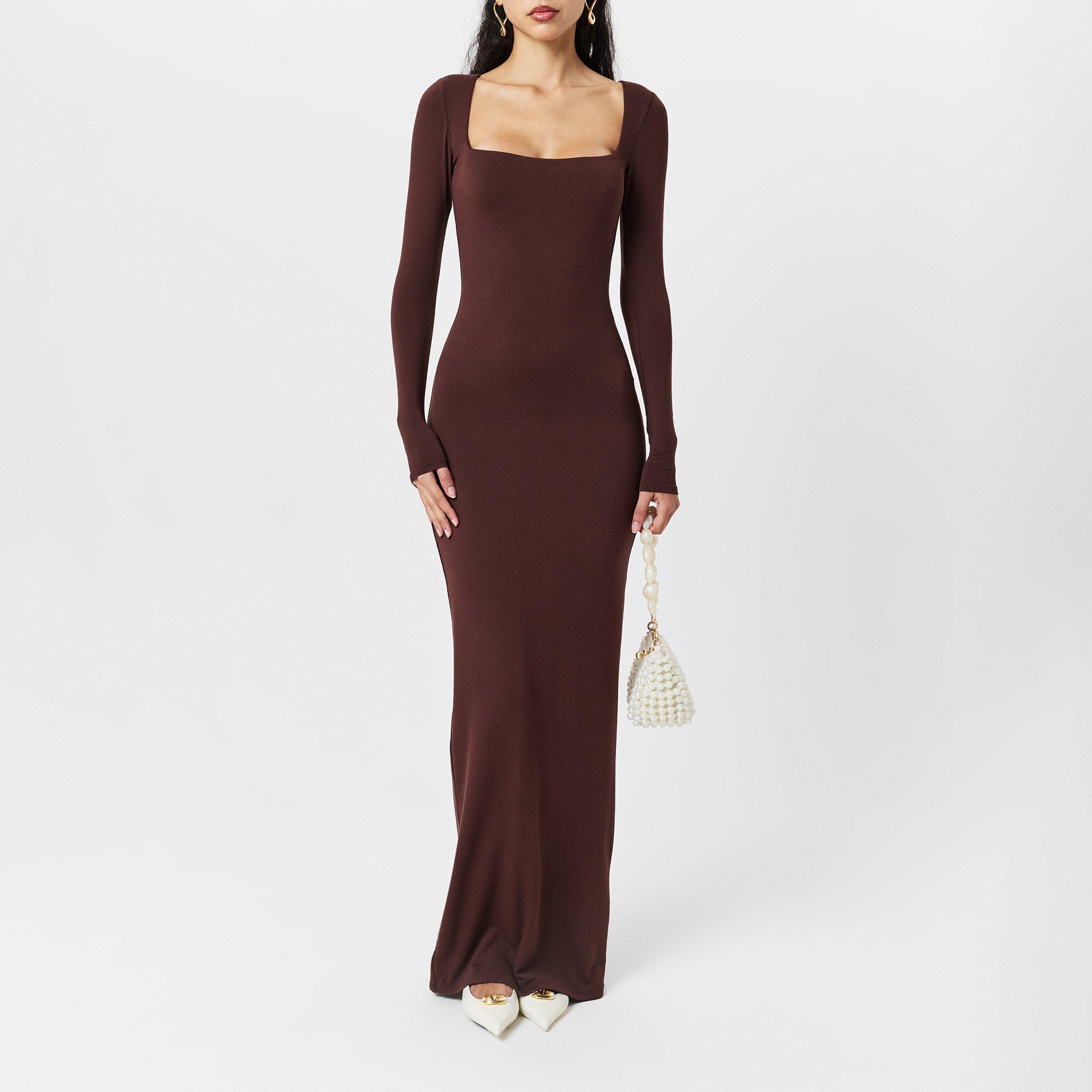 naked wardrobe brown dress | Square Neck Sculpt Maxi Size:40S/34W and a bodycon appeal SWS2026_PART2 Striped Invitation Blue Maxi